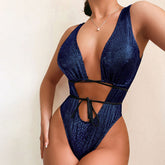 Metallic Snake High Leg Wrap Low Back Cutout Deep V Brazilian One Piece Swimsuit